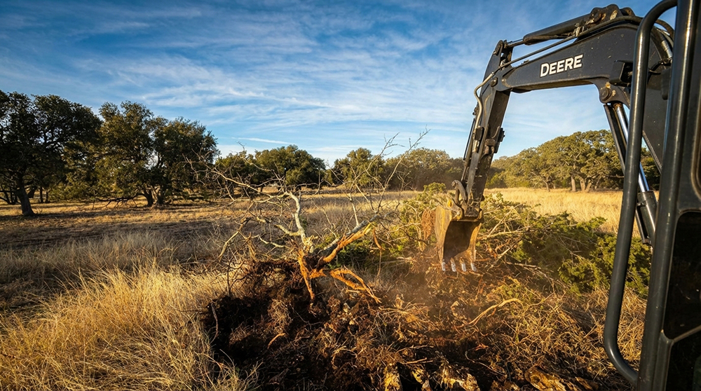 Excavator clearing overgrown vegetation from a property