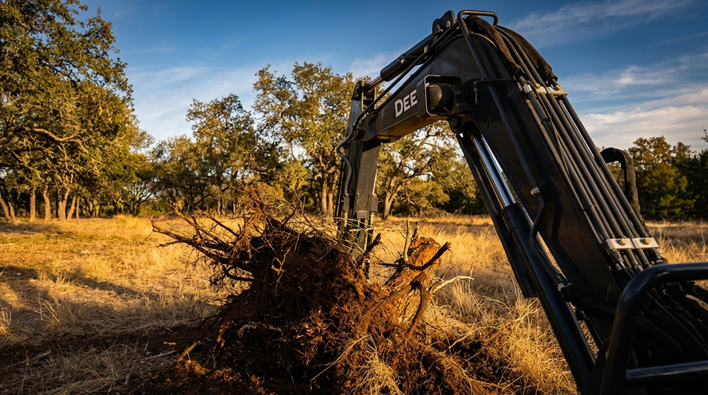 Excavator removing trees during a land clearing project